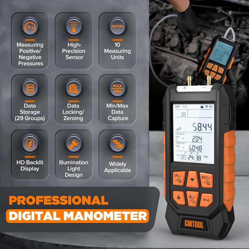 CMTOOL Manometer Gas Pressure Tester, Digital Manometer, -100-200Kpa, 10 Units Differential Pressure Gauge, Max/Min/Data Storage, 2-Port Tester for HVAC/Automotive Brake/Industrial/Lab Calibration - Image 2
